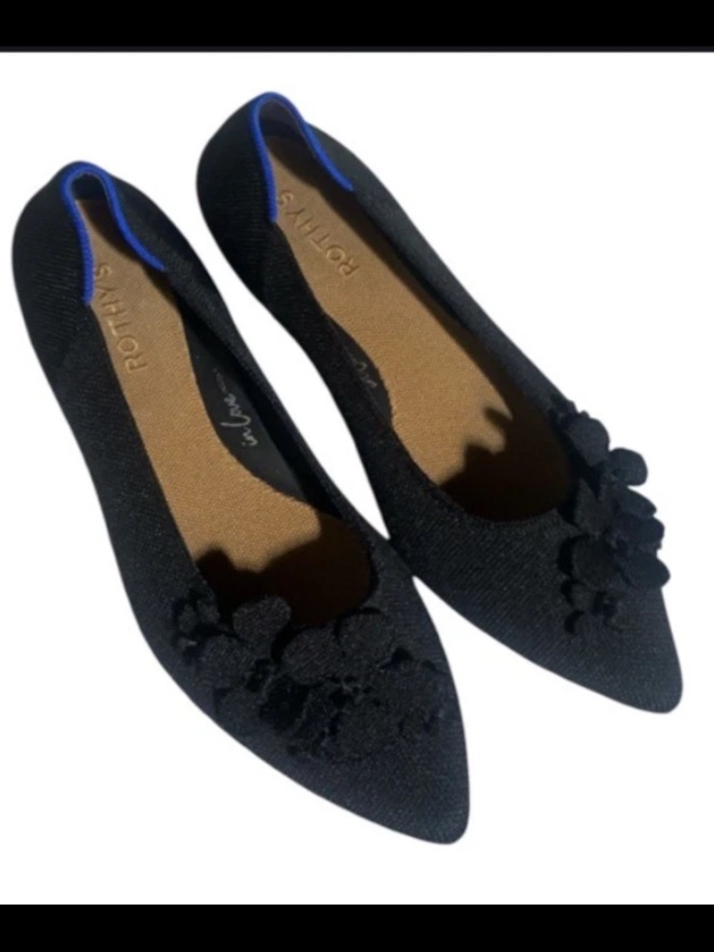 Rothys The Petal Point Ballet Flats Women 8.5 Black Floral Knit Office Shoe Eco